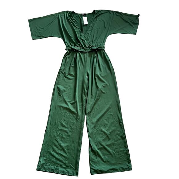 Baltic Born Pants - Baltic Born Dress Day Jumpsuit Large Green V-Neck Jersey Wide Leg Holiday Ruffle
